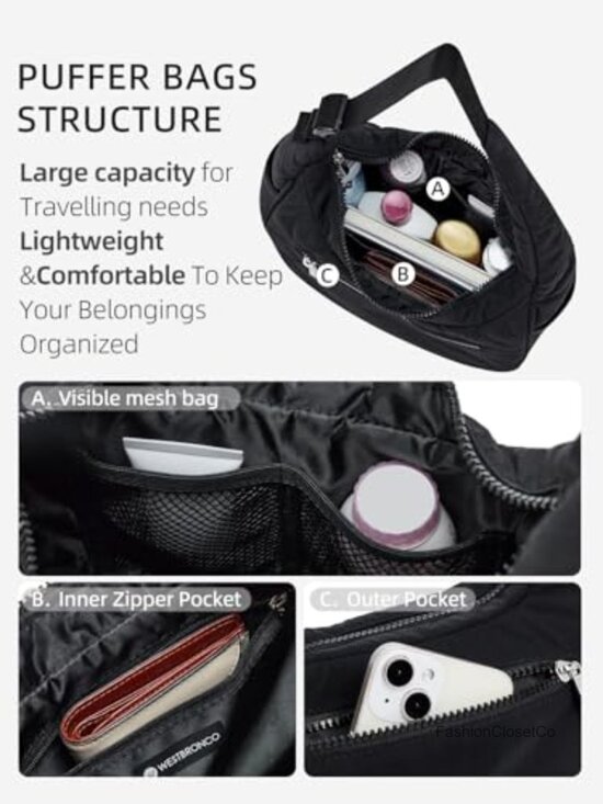 XINLANER Small Crescent Puffer Purse Shoulder Bag for Women  Small Nylon Quilted Crescent Shoulder Bag with Adjustable Strap